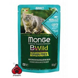 מונג' בי ווילד פאוץ' בקלה ושרימפס 85 גרם לחתול Monge