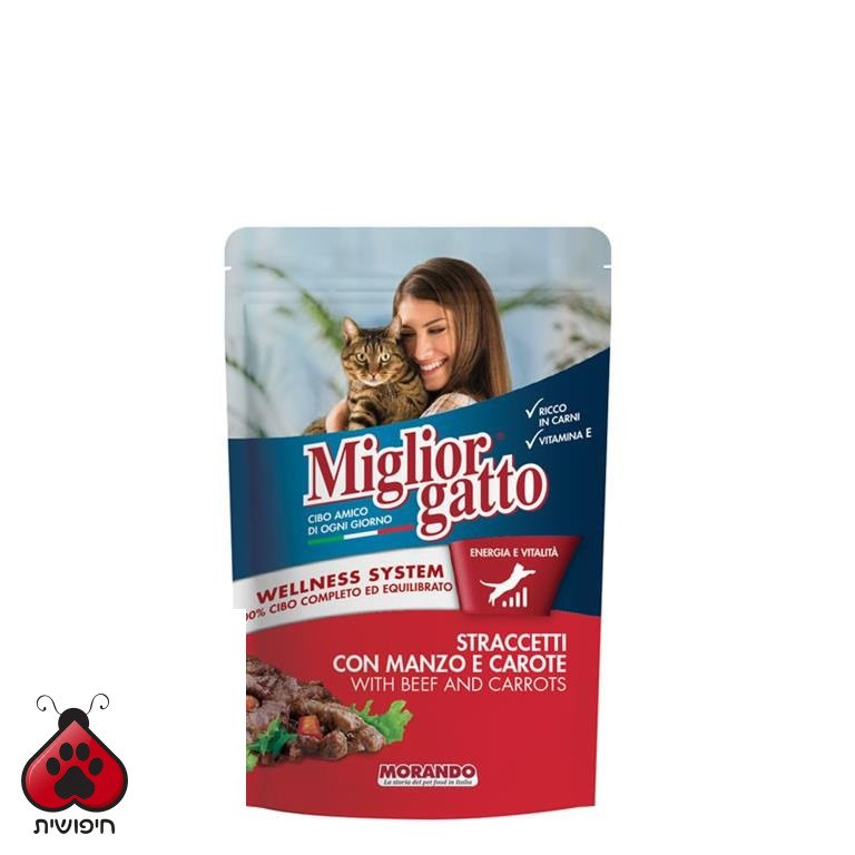 פאוץ' לחתול,Miglior Gatto, נתחים בטעם בקר וגזר 100 גרם