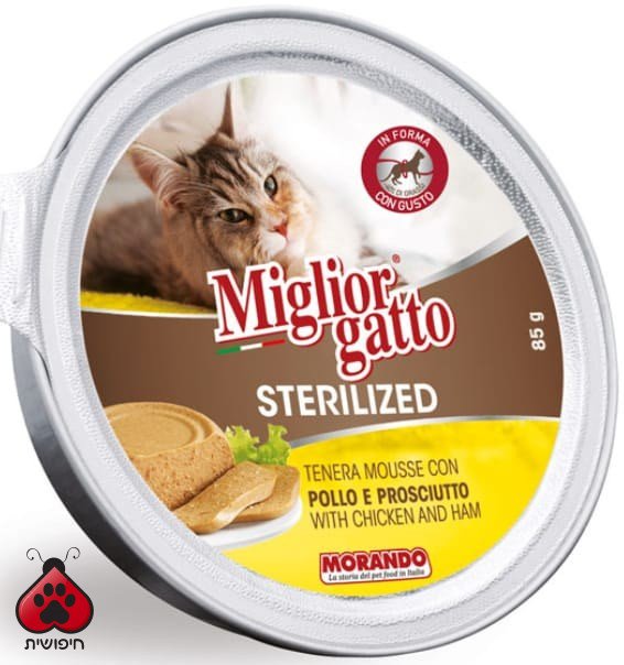 שימורים לחתול מסורס,Miglior Gatto, מוס בטעם עוף וחזיר 85 גרם